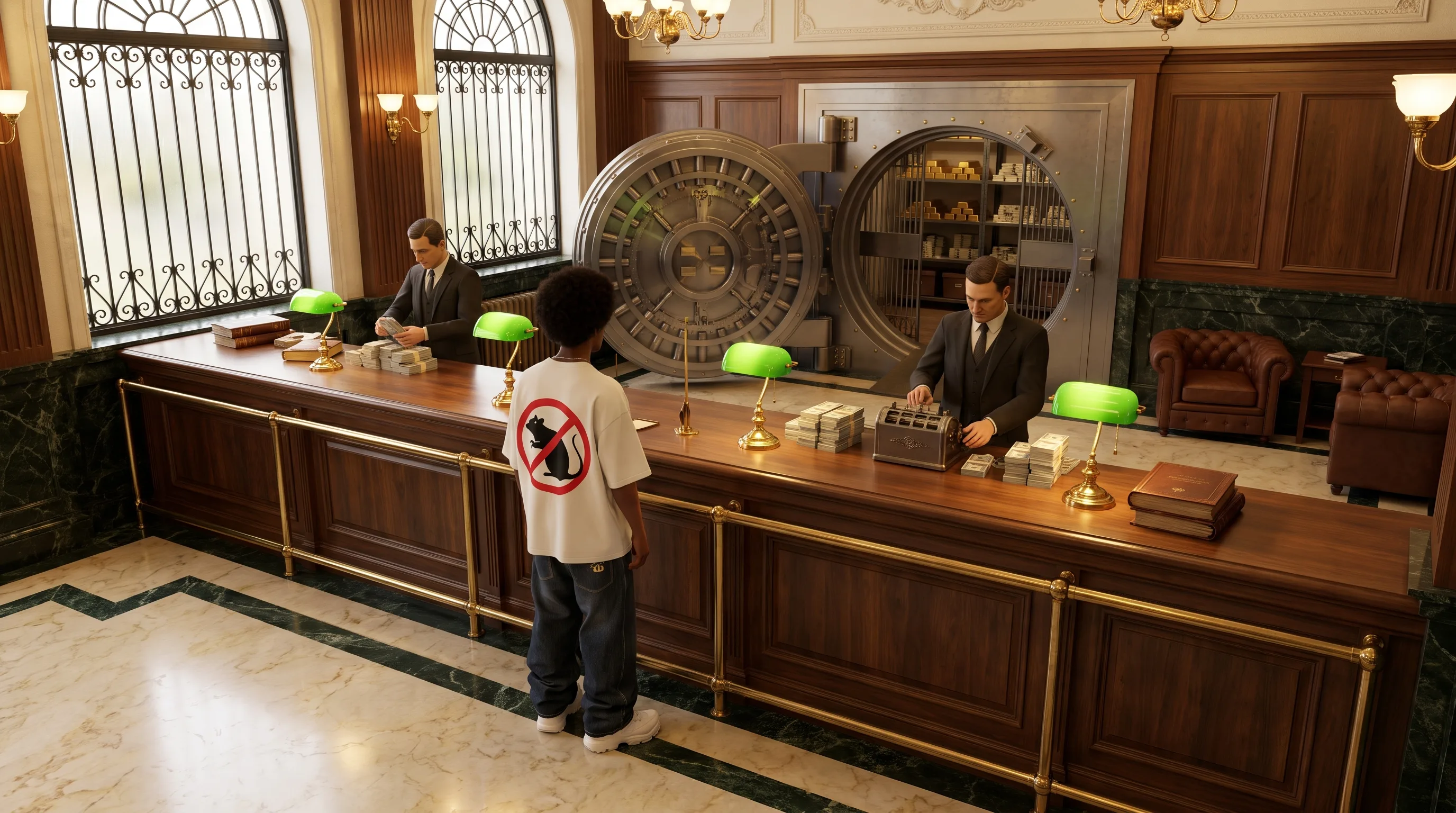 Jugg Academy banking hall — customer in the No Rats tee at the teller counter, vault behind